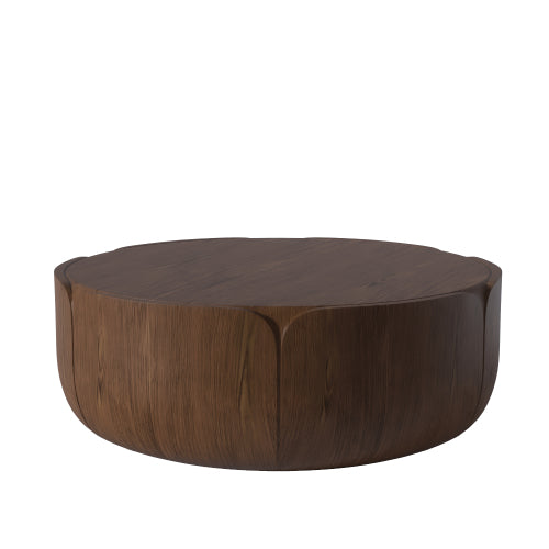 35.63" Round Outdoor Indoor Coffee Table, Modern Wood Grain Drum Center Table, Sturdy MGO (Magnesium Oxide) Waterproof, No-Assembly Table for Patio, Garden, Backyard, Living Room (Brown)