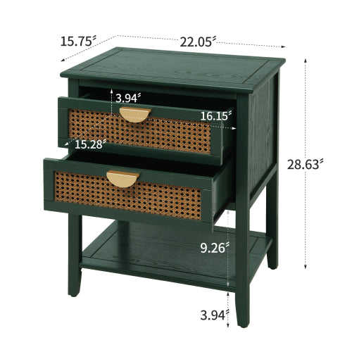 Natural Rattan 2-Drawer Stable End Side Table with Metal Handles