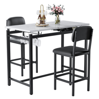 3-Piece Rustic Black Bar Set, Marble Surface Table & 2 Grey PU Chairs