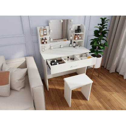 White One Drawer Dresser Vanity Table with Open Shelves, Adjustable Mirror & Matching Stool, Compact