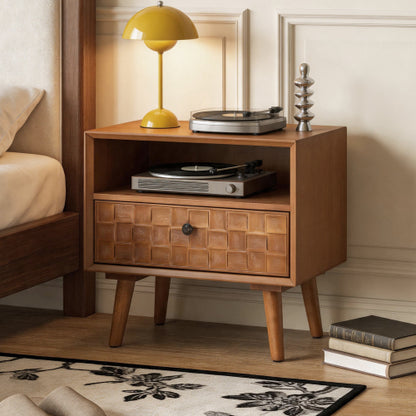 Mid-Century Modern Wood Nightstand with Carved Drawer