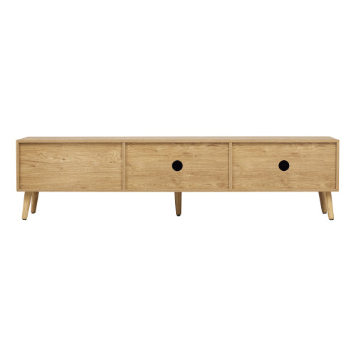 70.8 Inch Natural Wood Boho Rattan Sliding Door TV Stand Solid Wood Legs Holds 80 Inch TV