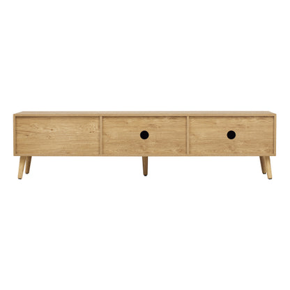 70.8 Inch Natural Wood Boho Rattan Sliding Door TV Stand Solid Wood Legs Holds 80 Inch TV