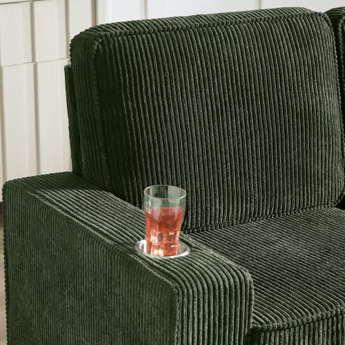 Green 83.86-Inch Modern Compressed 3-Seater Corduroy Sofa with Cup-Holders Removable-Washable Cushions