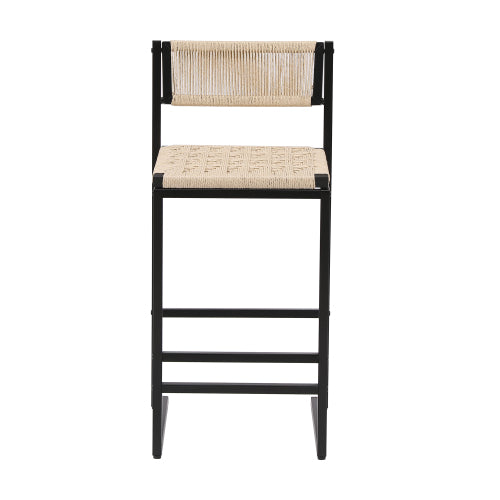 Set of 2 Woven Bar Stools with Backrest Paper Rope Weave Dining Chairs for Kitchen Island (Style B Black & Creamy White)