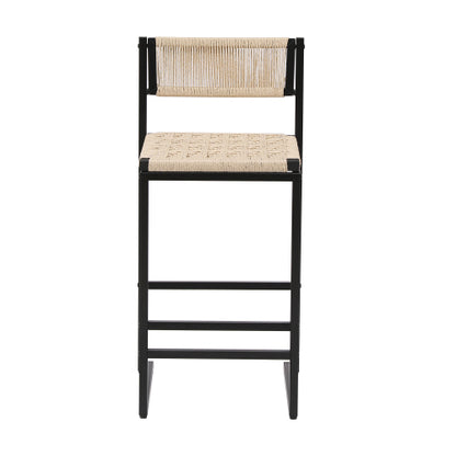 Set of 2 Woven Bar Stools with Backrest Paper Rope Weave Dining Chairs for Kitchen Island (Style B Black & Creamy White)