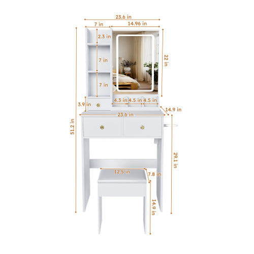 White Small Vanity Desk w/ 3-Color LED Mirror, 3 Drawers, Open Shelves, Power Outlet, Hair Dryer Holder & Chair