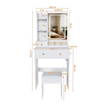 White Small Vanity Desk w/ 3-Color LED Mirror, 3 Drawers, Open Shelves, Power Outlet, Hair Dryer Holder & Chair