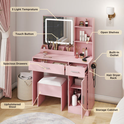 Lavin Pink Makeup Vanity Set with LED Mirror, Charging Station, Stool, 2 Drawers, Open Shelves & Storage Cabinet