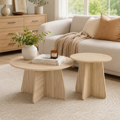 Retro Nesting Coffee Table Set Walnut Natural Round Cross Base
