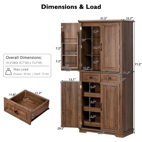 71inch  Farmhouse Kitchen Pantry Cabinet with Pull-Out Shelves Brown