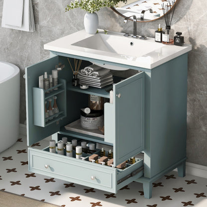 30" Bathroom Vanity with Sink Combo, Multi-functional Bathroom Cabinet with Doors and Drawer, Solid Frame and MDF Board, Green