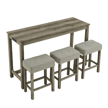 59 Inch Bar Table, Dining Table, Sofa Table with Power Outlet, 3 Upholstered Stools, 4 Piece Bar Table and Chair Set for Living Room, Dining Room, Kitchen