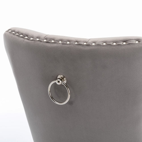Single Gray & Chrome Tufted Velvet Dining Chair, Solid Wood Frame, Nailhead Trim, Chrome Plated Stainless Steel Legs