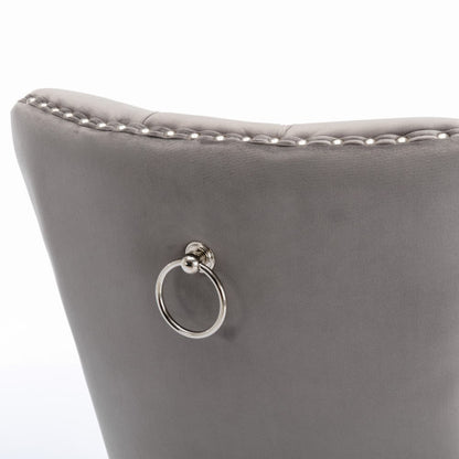 Single Gray & Chrome Tufted Velvet Dining Chair, Solid Wood Frame, Nailhead Trim, Chrome Plated Stainless Steel Legs