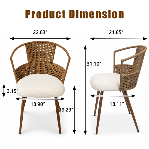 PE Rattan Dining Armchairs with Teddy Seats, Set of 2, Beige/Brown