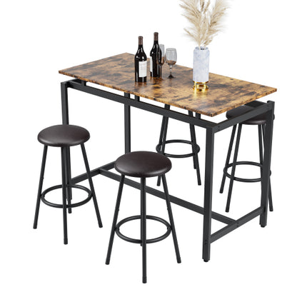 5-Piece Rustic Brown Farmhouse Dining Set, MDF & Iron Frame Counter Height Table with 4 Backless Stools