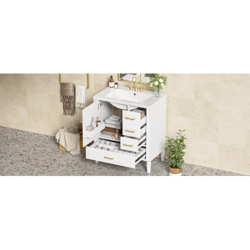 30" Bathroom Vanity with Ceramic Sink, Soft-Close Door with Built-in Shelf, Deep Drawer, Standard Drawer, Long Divider Drawer, Ample Storage Cabinet for Bathroom, Modern & Functional Design
