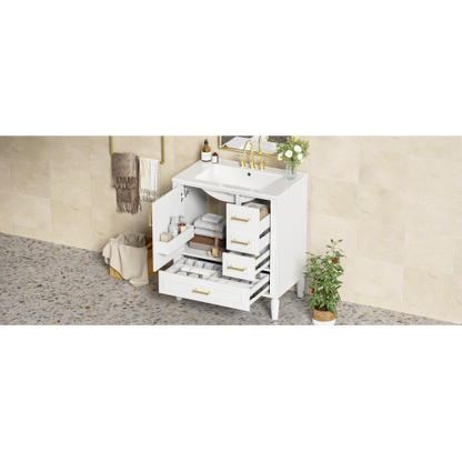 30" Bathroom Vanity with Ceramic Sink, Soft-Close Door with Built-in Shelf, Deep Drawer, Standard Drawer, Long Divider Drawer, Ample Storage Cabinet for Bathroom, Modern & Functional Design