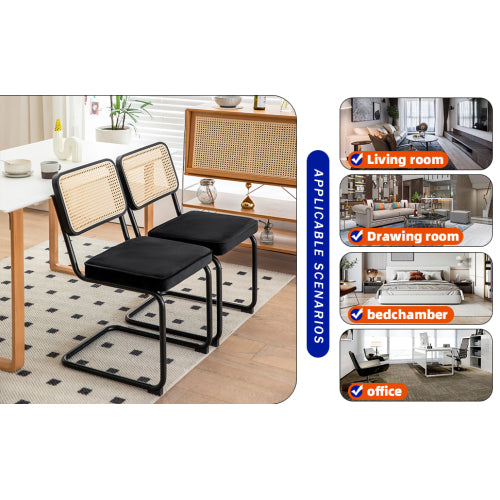 Set of 2 Black Velvet Rattan Cantilever Dining Chairs, Chrome Tubular Steel Breuer Stackable Side Chairs