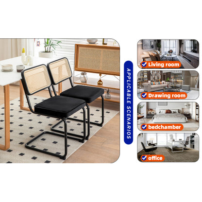 Set of 2 Black Velvet Rattan Cantilever Dining Chairs, Chrome Tubular Steel Breuer Stackable Side Chairs
