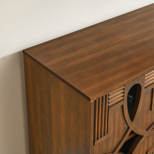 60.5 Inch Walnut Mid-Century Modern Sideboard Four-Door Adjustable Shelf TV Cabinet With Reserved Wire Holes