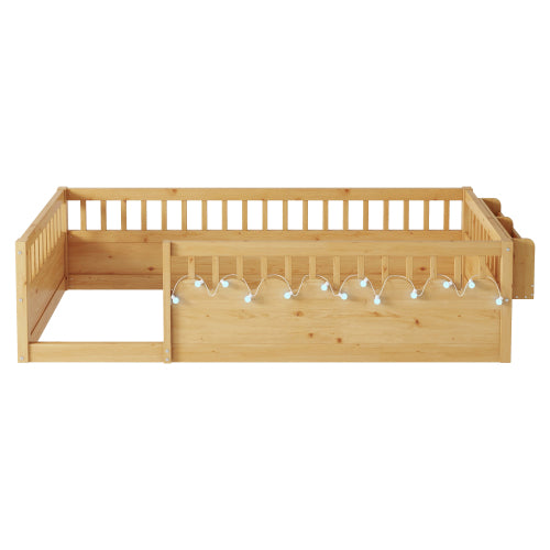 Twin Montessori Floor Bed Frame with High Rails, Wood Kids Floor Beds with Light and Storage Shelf, Natural