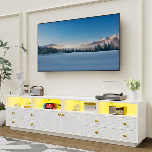 White High Gloss TV Stand for 100 Inch Wall TV with RGB LED Lights & Multi Storage