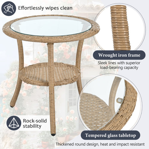 U_STYLE Outdoor Leisure Set, 2 Rattan Single Chairs with A Glass Round Table, Perfectly Suited for Patios, Balconies, and Courtyards