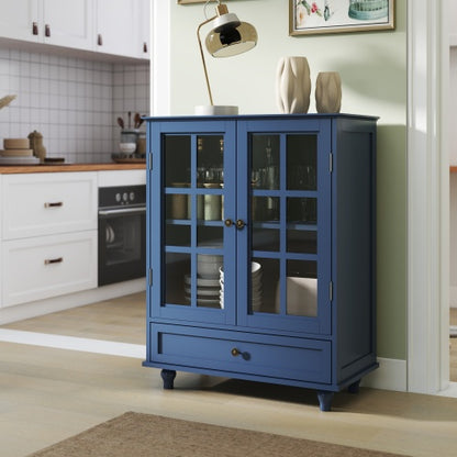 Vintage Blue Buffet Cabinet with Glass Doors Drawer and Adjustable Shelves