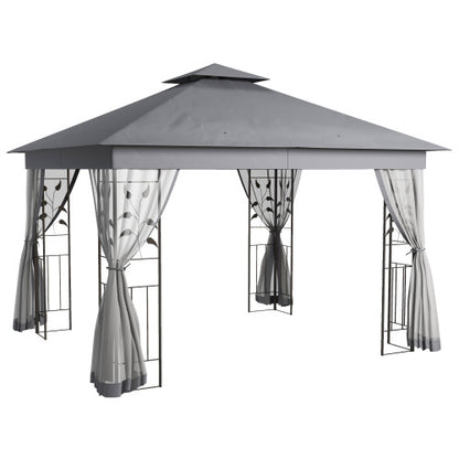 10' x 11.5' Metal Patio Gazebo, Double Roof Outdoor Gazebo Canopy Shelter with Tree Motifs Corner Frame and Netting, for Garden, Lawn, Backyard, and Deck, Gray