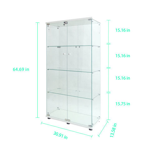 White Tempered Glass Display Cabinet With Remote Control Light & Lockable Casters