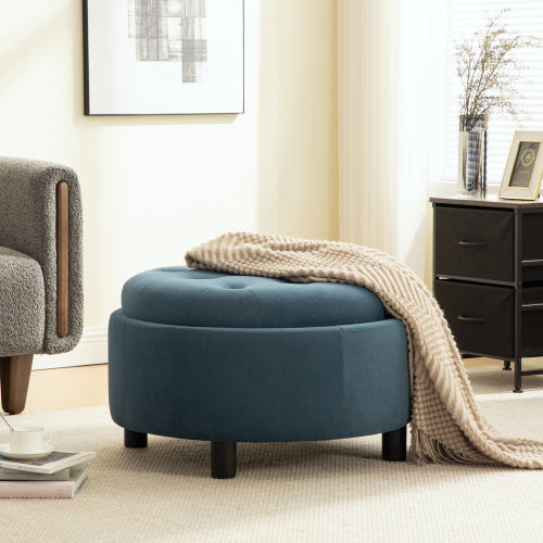 29.33 inch Blue Fleece Round Storage Ottoman, Hand Buckle Decor Reversible Lid Footstool, 300 LBS