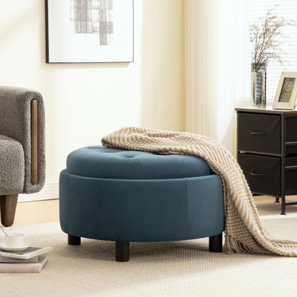 29.33 inch Blue Fleece Round Storage Ottoman, Hand Buckle Decor Reversible Lid Footstool, 300 LBS
