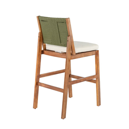 Outdoor Acacia Wood Bar Stools (Set of 2), Teak Finish Bar Height Chairs with Cream Cushion & Green Wicker Back, Counter Height Stools for Patio, Poolside, Kitchen Island