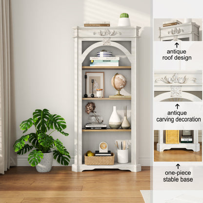 65-Inch Antique White 4-Tier Tall Bookcase for Living Room Office