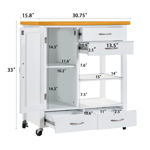 Kitchen Island Cart with walnut wood Top, Rolling Storage Cabinet on Wheels with Drawers, Sideboard Buffet with Towel Bar, White