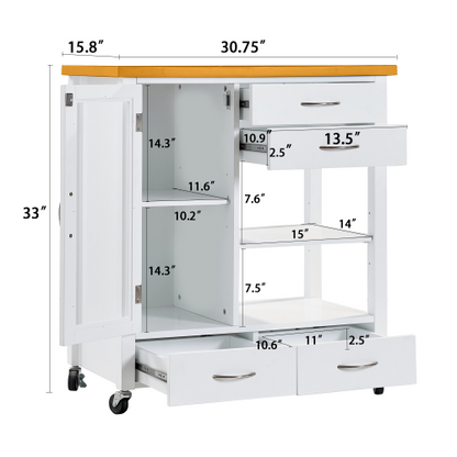 Kitchen Island Cart with walnut wood Top, Rolling Storage Cabinet on Wheels with Drawers, Sideboard Buffet with Towel Bar, White