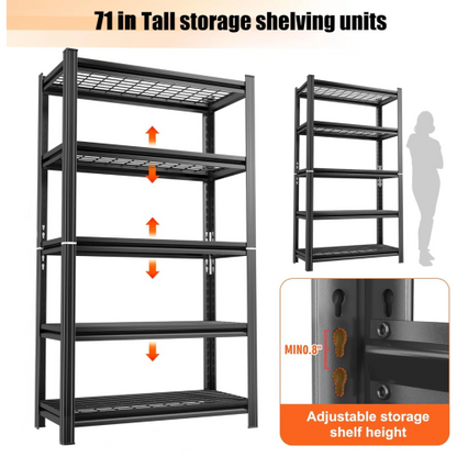 5-Layer Metal Storage Rack, Adjustable Height Storage Rack, 2000 Pound Load, Suitable For Garages, Kitchens, Supermarkets, Storage Rooms, And Gyms. Black, Requires Assembly