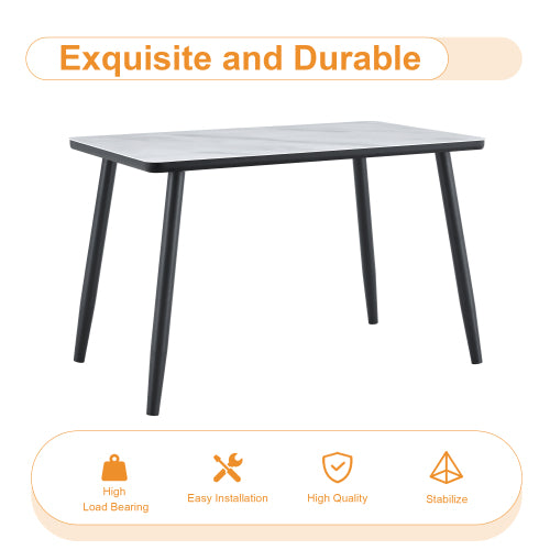 Marble Pattern Glass Dining Table with Black Tapered Metal Legs