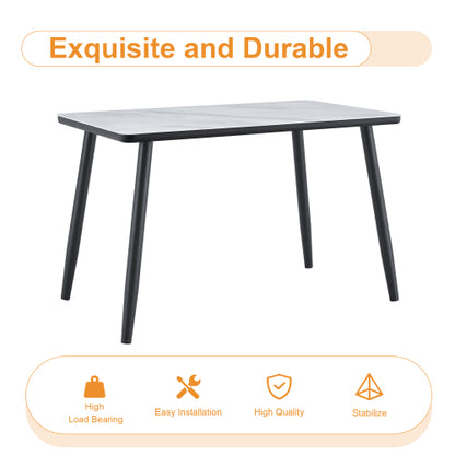 Marble Pattern Glass Dining Table with Black Tapered Metal Legs