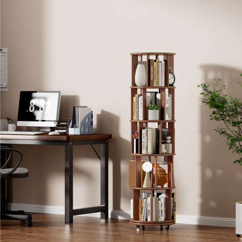 5-Tier Solid Wood Rotating Bookshelf with Wheels Walnut