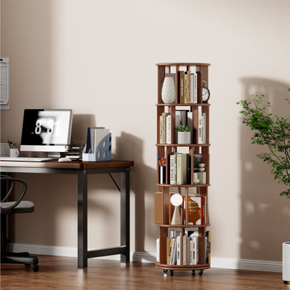 5-Tier Solid Wood Rotating Bookshelf with Wheels Walnut