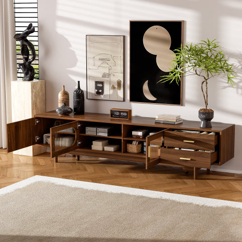 78.7 inch Walnut Fluted Glass Door TV Stand 2 Drawer Media Console Solid Wood Leg For 85 inch TV