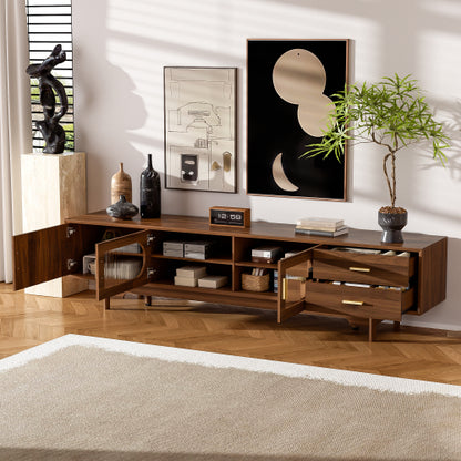 78.7 inch Walnut Fluted Glass Door TV Stand 2 Drawer Media Console Solid Wood Leg For 85 inch TV