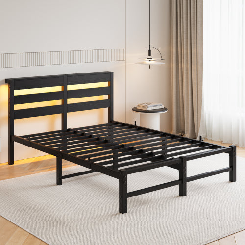 Full Size Metal Bed Frame with Wooden Headboard, RGB Lights, Outlets & Charger, Storage Shelf, Noise-Free, No Box Spring Needed