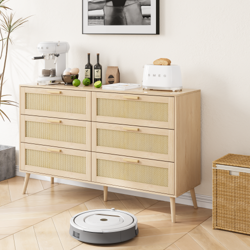 6 Drawers Chest of Dressers for Bedroom, Modern 6 Drawer Dresser, Wide Chest of Drawers with wood Handles, Rattan Dresser Storage Cabinet for Living Room, Bedroom, Hallway