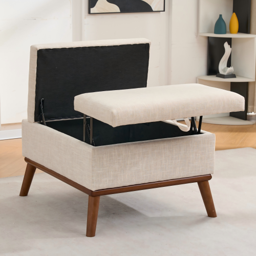 31 inch Beige Mid-Century Modern Rectangle Storage Ottoman, High Leg Lift-Top Coffee Table for Living Room Office