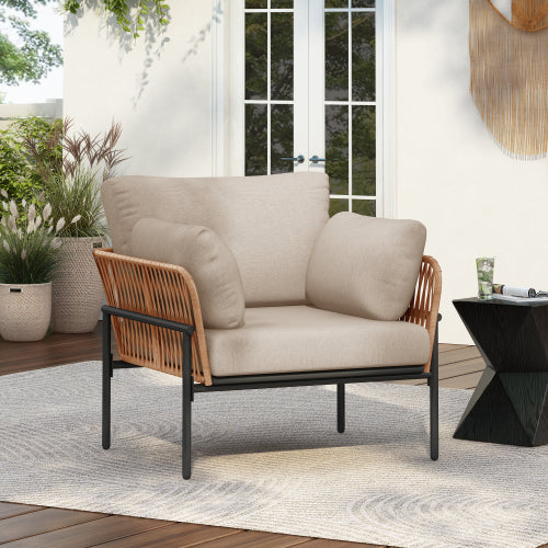 36" Beige and Light Wood-Tone Rope Iron Lounge Chair with Cushions, Perfect for Natural and Modern Spaces