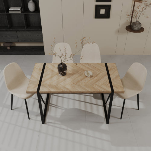 5-Piece Light Wood & Black Metal Dining Set, Medieval Style MDF Table with 4 Suede Dining Chairs